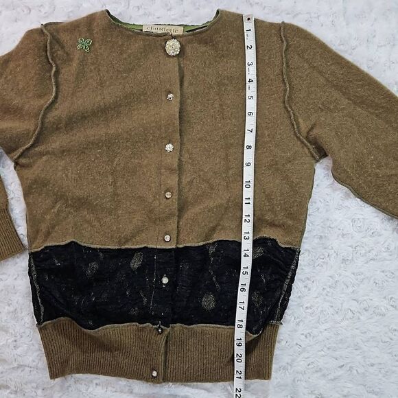 Vintage Material Claudette Size Medium Olive and Black Lace Upcycled Cardigan - Picture 11 of 13